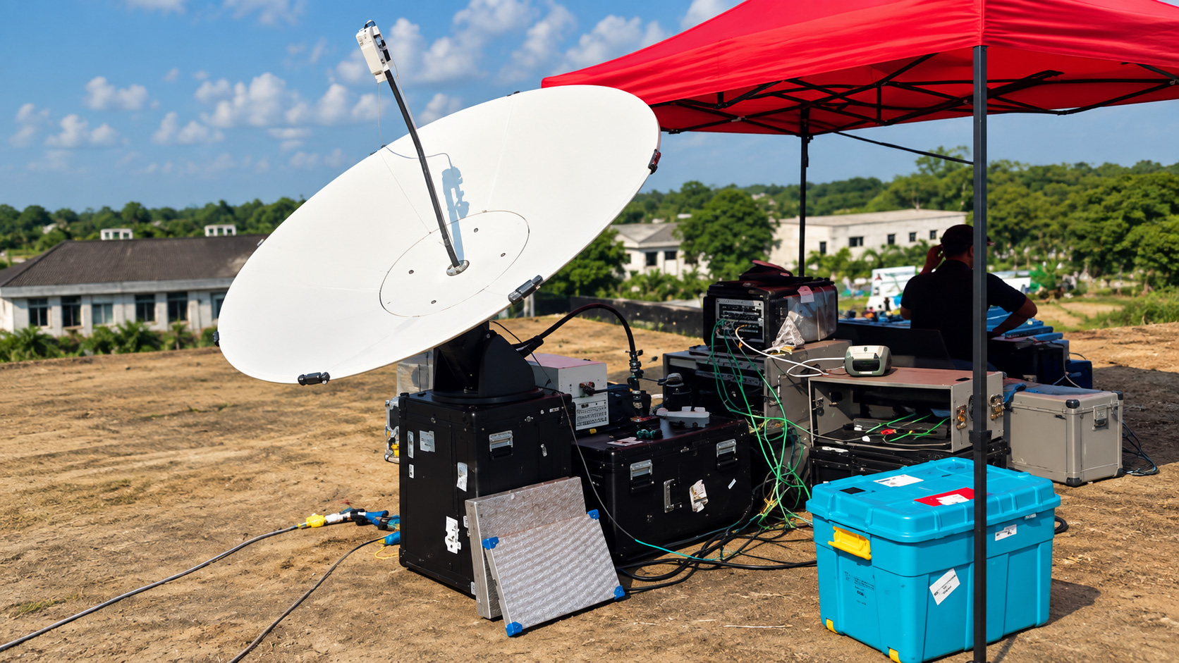 Field technician establishing a satellite connection